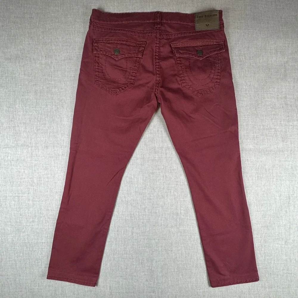 True Religion Geno Relaxed Slim Jeans Mens 40x31 Red Burgundy Stretch Denim